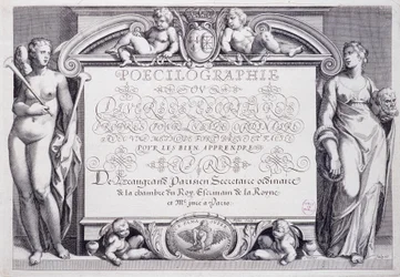 Französische Kalligraphie: Poecilographie, Frontispiz, von Baptiste de Beaugrand im Jahr 1606.
