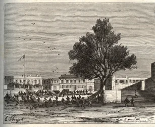 Französische Kolonien in Afrika - Place du Gouvernement in Gorée - Gravur in „La France illustrée: Geographie, Geschichte, statistische Verwaltung“ von V.A. Malt-Brown. 1884