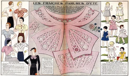 Französische Mode für den Sommer 1934: Damenmode (Blusen) und Kinderkleidung (Kleider und Kostüme). In „Le petit echo de la mode“