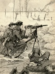 Französisches Maschinengewehrteam in der Schlacht von Yser, Belgien