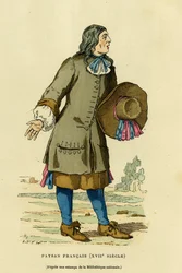 Französische Bauerntracht im 18. Jahrhundert. Farbstich nach einem Druck der Nationalbibliothek, in „France et les Français à travers les siècles“ von Augustin Challamel, herausgegeben von F. Roy, Paris 1882. Sammlung Selva.