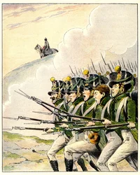 Französische Soldaten während der Schlacht von Waterloo (Farblithografie)