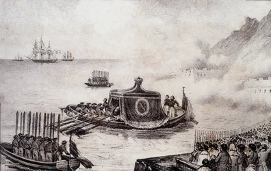 Begräbnis von Napoleon I.: Abfahrt von St. Helena - Zeichnung von Levilly, in "Historisches Gemälde des Begräbnisses von Napoleon" von M. St Maurice, ca. 1851