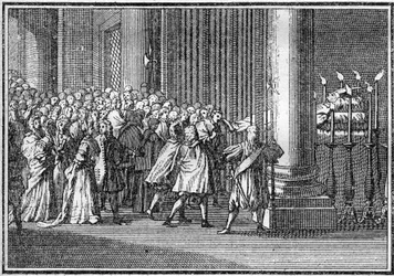 Begräbnis eines Papstes im 18. Jahrhundert: der Leichnam des Papstes wird drei Tage in der Kirche St. Peter in Rom ausgestellt. Gravur in „Histoire des religions“.