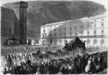 Beerdigung des Grafen von Cavour, Turin, 7. Juni 1861: Trauerzug, der den Sarg von Camillo Benso, Graf von Cavour (1810-1861), italienischer Politiker, trägt. Gravur in „Le Monde Illustré“ Nr. 219 vom 22. Juni 1861.