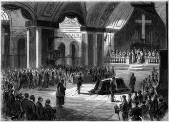 Beerdigung des Grafen von Cavour, Turin, 7. Juni 1861: Innenansicht der Kirche der Madonna der Engel während der Zeremonie. Gravur in „Le Monde Illustré“ Nr. 219 vom 22. Juni 1861.