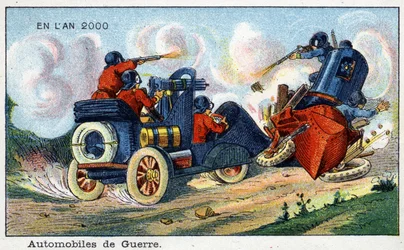 Futuredays: Eine Vision des 19. Jahrhunderts vom Jahr 2000 - Serie „Im Jahr 2000“: Kriegsautomobil. Chromolithographie von Villemard