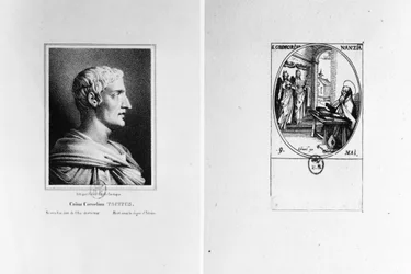 Gaius Cornelius Tacitus (56 n. Chr. - ca. 120), gestochen von Julien, und der heilige Gregor von Nazianz (ca. 329 - ca. 390), gestochen von Israel