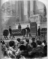 Glücksspiel: Ziehung der Nationallotterie im Festsaal des Trocadéro am 6. Januar 1879 in Paris. Stich in „Le Monde Illustré“ Nr. 1140 vom 1. Februar 1879.
