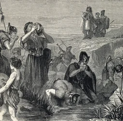 Gideon wird von Gott berufen, die Midianiter zu besiegen, und wählt seine Soldaten aus denen aus, die beim Trinken Wasser zum Mund führen