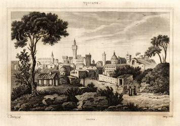 Gesamtansicht von Siena in der Toskana, Gravur von C. Deveze in „Italien pittoresk“, Amable Coste Herausgeber