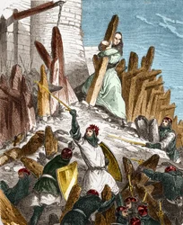 Krieg gegen Hugues du Puiset durch Ludwig den Dicken: Angriff auf das Schloss du Puiset (im Département Eure-et-Loir) durch die Truppen des Königs von Frankreich LOUIS VI. den Dicken im Jahr 1118. Gravur in „Histoire De France En Cent Paintings“ von Paul L