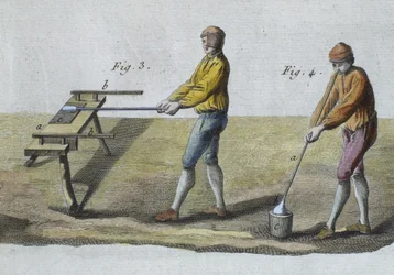 Glasblasen (Detail), Illustration aus der Encyclopedie des Sciences et Metiers von Denis Diderot, graviert von Robert Benard, veröffentlicht um 1770 (Farbstich)