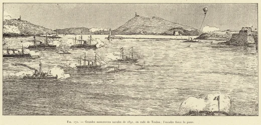 Große Marine-Manöver von 1891 in der Reede von Toulon; die Flotte erzwingt die Passage