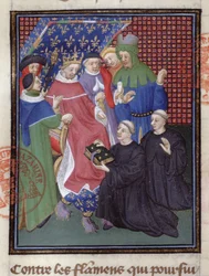 Guillaume de Nangis (gest. 1300 oder 1303) überreicht sein Buch an Philippe IV le Bel, König von Frankreich von 1285-1314 (Pergament) (Detail)
