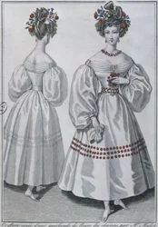 Frisur mit einem Kranz aus Wildblumen, Paris, 1829 (Farbstich)