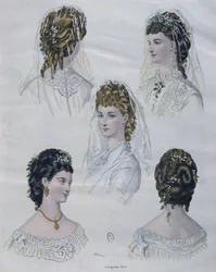 Frisuren, Illustration aus La Mode illustrée, 1872 (Farbstich)