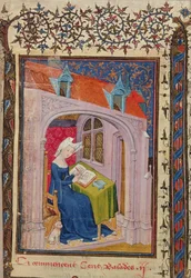 Christine de Pisan schreibt an ihrem Schreibtisch, aus 