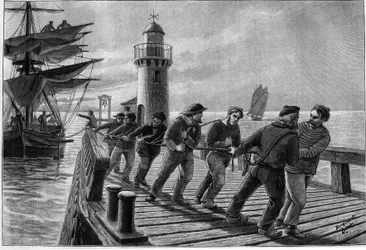 Schlepper ziehen ein Boot, Ende des 19. Jahrhunderts. Gravur in „Journal des Voyages“ vom 26. März 1899.