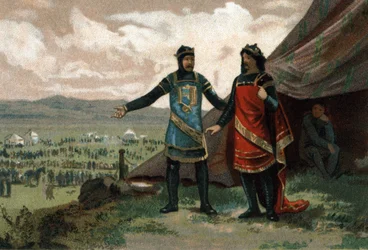 Heinrich I., König von Frankreich (1008-1060), empfing den Herzog der Normandie Robert den Teufel und stellte ihm eine Armee zur Verfügung, um sein Königreich zurückzuerobern. Chromolithographie um 1890.