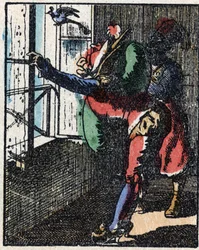 Geschichte von Dr. Pulcinella (Polichinelle). Holzschnitt von Imaging Pellerin - Epinal, späte 19. Jahrhundert