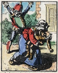 Geschichte von Dr. Pulcinella (Polichinelle). Holzschnitt von Imaging Pellerin - Epinal, sp. Ende des 19. Jahrhunderts