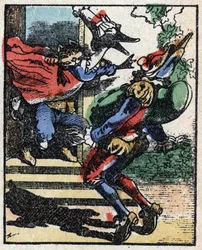 Geschichte von Dr. Pulcinella (Polichinelle). Holzstich von Imaging Pellerin - Epinal, späte 19. Jahrhundert.