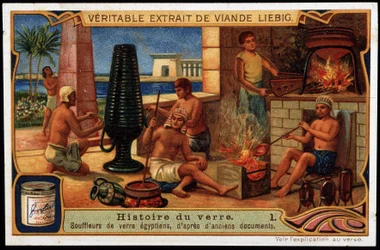 Geschichte des Glases: Ägyptische Glasbläser, basierend auf antiken Dokumenten. Liebig Chromolithographie