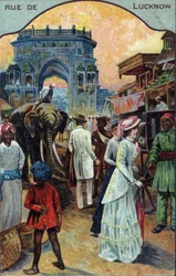 Geschichte des Tourismus: Westliche Touristen in einer Straße von Lucknow, Indien (Chromolithographie des 19. Jahrhunderts)