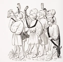 Wie man schreit und Hörner bläst, nach einer Miniatur im Manuskript von Phoebus aus dem 15. Jahrhundert, aus 