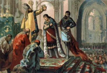 Hugo Capet, König von Frankreich (987-996), lässt seinen Sohn, den zukünftigen Robert II. den Frommen (972 - 1031), von Adalberon, Erzbischof von Reims, in der Kathedrale von Orléans krönen, um das Prinzip der Erbfolge zu etablieren, 987. Chromolithographi