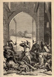 Hundertjähriger Krieg: „La prise du Château de Grand Fougeray durch Bertrand Du Guesclin (1320-1380) im Jahr 1356, Grand-Fougeray, Ille et Vilaine“ (im Jahr 1356 während der Belagerung von Rennes durch die Engländer als Teil des hundertjährigen Krieges ver