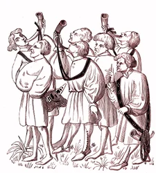 Jagdhornbläser (15. Jahrhundert) - Nachbildung einer Miniatur aus dem Manuskript von Gaston Phebus (1331-1391)