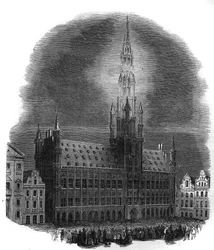 Beleuchtung des Brüsseler Rathauses am 26. September 1864 anlässlich des Jahrestages der Kämpfe, die Belgien von der niederländischen Herrschaft befreiten. Nach einer Skizze von M.D.A. Stich in „Das illustrierte Universum“.