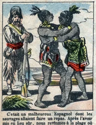 Illustration für das Buch von Daniel Defoe "Robinson Crusoe". Epinal-Bildgebung Ende des 19. Jahrhunderts.