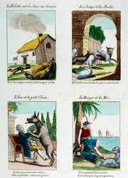 Illustrationsbrett für die Fabeln von Jean de La Fontaine: Wiesel, das auf einen Dachboden gelangt, Wölfe und Schafe, Esel und Hund, Hirte und Meer. Gravur