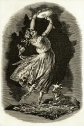 Illustration für „Notre-Dame de Paris“ von Victor Hugo: Esmeralda tanzt und spielt Tamburin neben ihrer Ziege, Anfang des 20. Jahrhunderts (Lithografie)