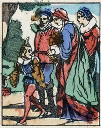 Illustration für „Riquet mit der Locke“, Märchen von Charles Perrault (1628-1703), französischer Schriftsteller. Holzstich von Imaging Pellerin - Epinal, sp. Ende des 19. Jahrhunderts.