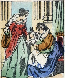 Illustration für „Riquet mit der Locke“, Märchen von Charles Perrault (1628-1703), französischer Schriftsteller. Holzstich von Imaging Pellerin - Epinal, sp. Ende des 19. Jahrhunderts.