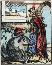 Illustration zu den Märchen aus Tausendundeiner Nacht. Ali-Baba. Holzstich von Imaging Pellerin - Epinal, sp. 19. Jahrhundert.