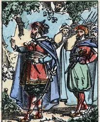 Illustration für die Geschichten aus Tausendundeiner Nacht. Ali-Baba (Ali Baba). Holzstich aus Imaging Pellerin - Epinal, sp. 19. Jahrhundert.