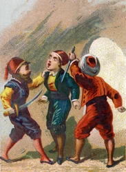 Illustration zu den Erzählungen aus Tausendundeiner Nacht. Cassim, eifersüchtig auf Ali Baba, geht ebenfalls in die Höhle, vergisst jedoch das Wort, mit dem er hinausgelangen kann, und wird von Räubern ermordet. Chromolithografie um 1890.