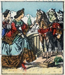 Illustration des Märchens „Aschenputtel oder Der kleine Glasschuh“ von Charles Perrault. Holzschnitt von Imaging Pellerin - Epinal, sp. Ende des 19. Jahrhunderts.