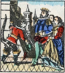 Illustration des Märchens „Der gestiefelte Kater“ von Charles Perrault. Holzschnitt von Imaging Pellerin - Epinal, sp. Ende des 19. Jahrhunderts