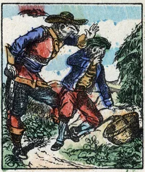 Illustration zu dem Märchen „Raminagrobis und die Mäuse“. Holzstich von Imaging Pellerin - Epinal, sd. Ende des 19. Jahrhunderts.