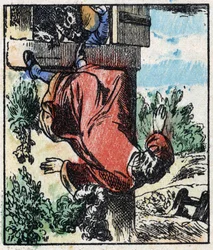 Illustration des Märchens „Raminagrobis und die Mäuse“. Holzschnitt von Imaging Pellerin - Epinal, sp. Ende des 19. Jahrhunderts