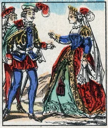 Illustration der Geschichte „Die Abenteuer von Grand Flandrin“. Holzstich aus Imaging Pellerin - Epinal, sp. 19. Jahrhundert.