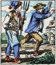 Illustration der Geschichte „Die Gabel des Teufels“. Holzstich aus Imaging Pellerin - Epinal, sp. 19. Jahrhundert.