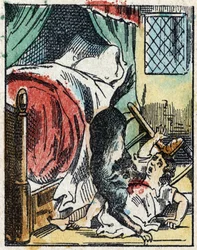 Illustration des Märchens „Rotkäppchen“ von Charles Perrault. Holzstich von Imaging Pellerin - Epinal, Ende des 19. Jahrhunderts