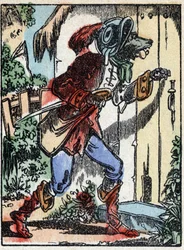 Illustration des Märchens „Der Wolf, die Ziege und die sieben Geißlein“ Holzgravur von Imaging Pellerin - Epinal, sp. 19. Jahrhundert.